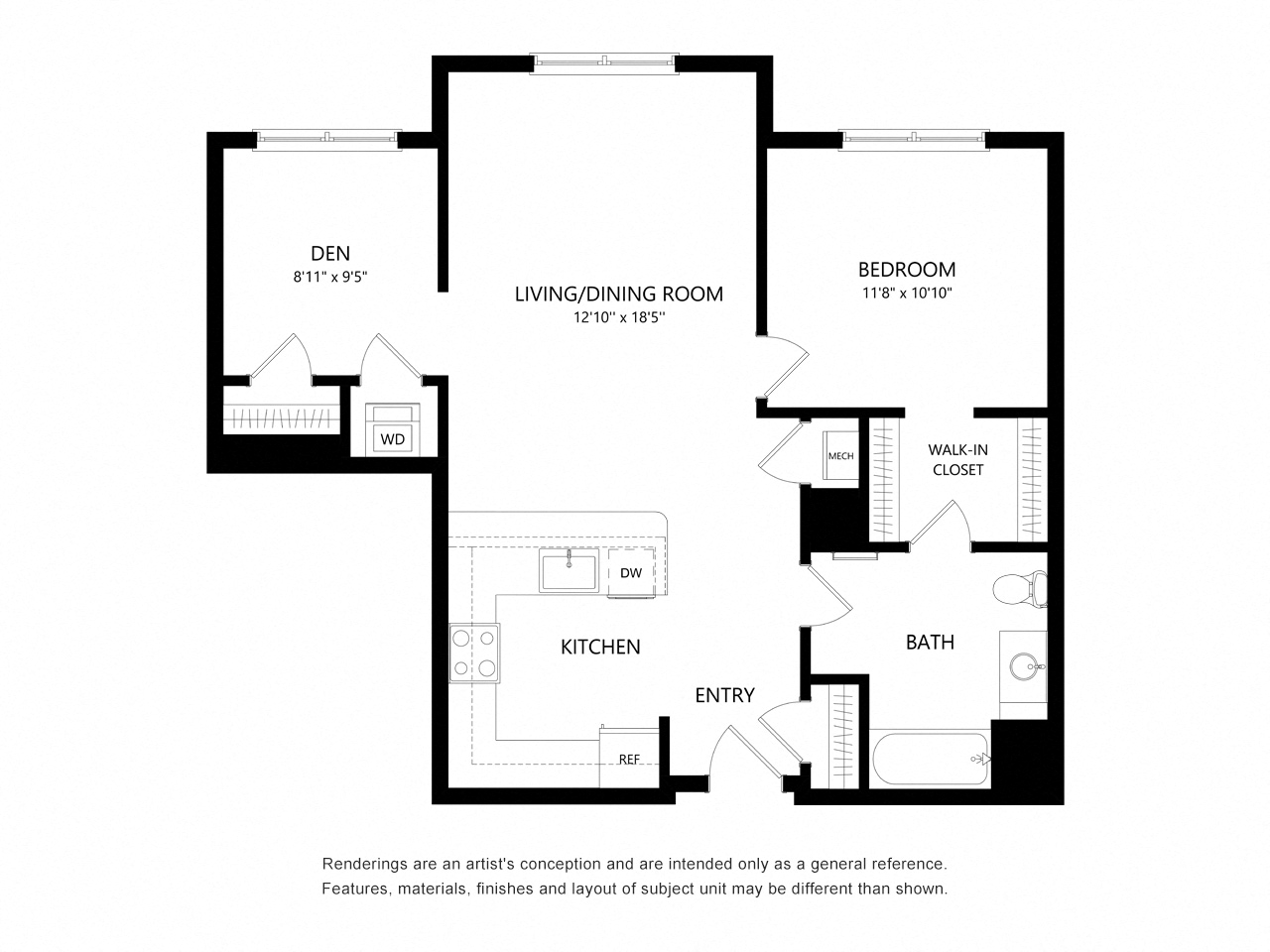 Floor plan for 1 bed, 1 bath, 902 sqft